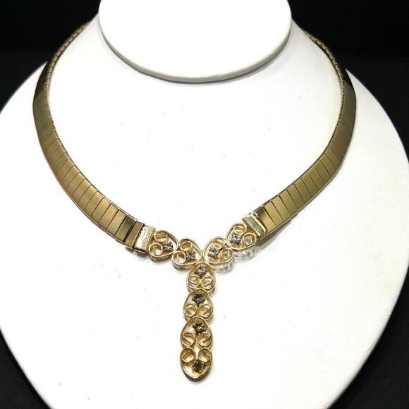 Vintage Mesh Link Choker Necklace, Gray Rhinestone Y Pendant, 16 Inches - Picture 3 of 8